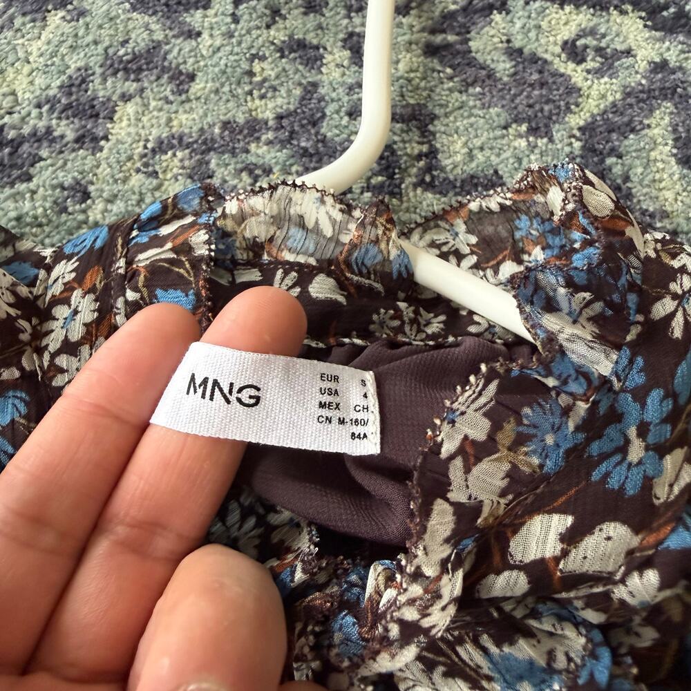 Mango Brown Blue & White Floral Ruffled Long Sleeve Blouse Preppy Summer | Sz 4 - Picture 8 of 12